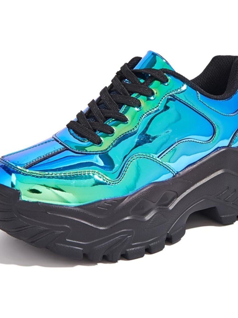 Women's Blue Hologram Chunky Lace Up Shoes Comfortable Walking Sneakers Shoes